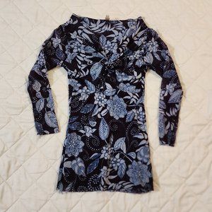 Po blue floral mesh semi sheer long sleeve blouse S